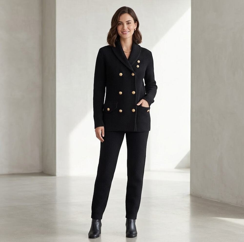 Ralph Lauren Black Label Double-Breasted Coat Knit Sweater Size S Petite Black